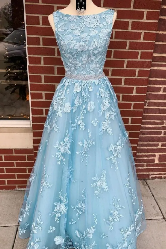 Dusty Blue 2021 A-line Backless Prom Dress Long Dusty Blue Lace Formal Dress #21011220