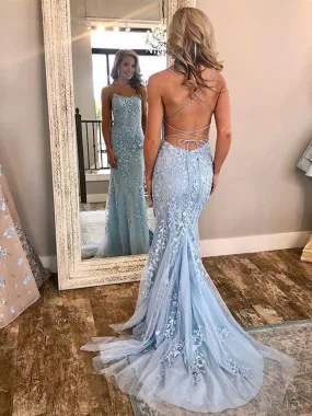 Dusty Blue Lace Mermaid Prom Dress Formal Dress Backless Tight Prom Dress 21010101