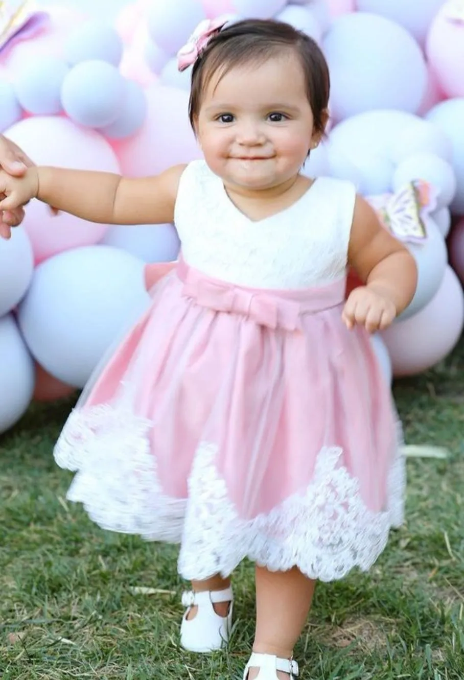 Dusty Pink & White Lace Formal Dress with Diamante Headband and Bow #1000997