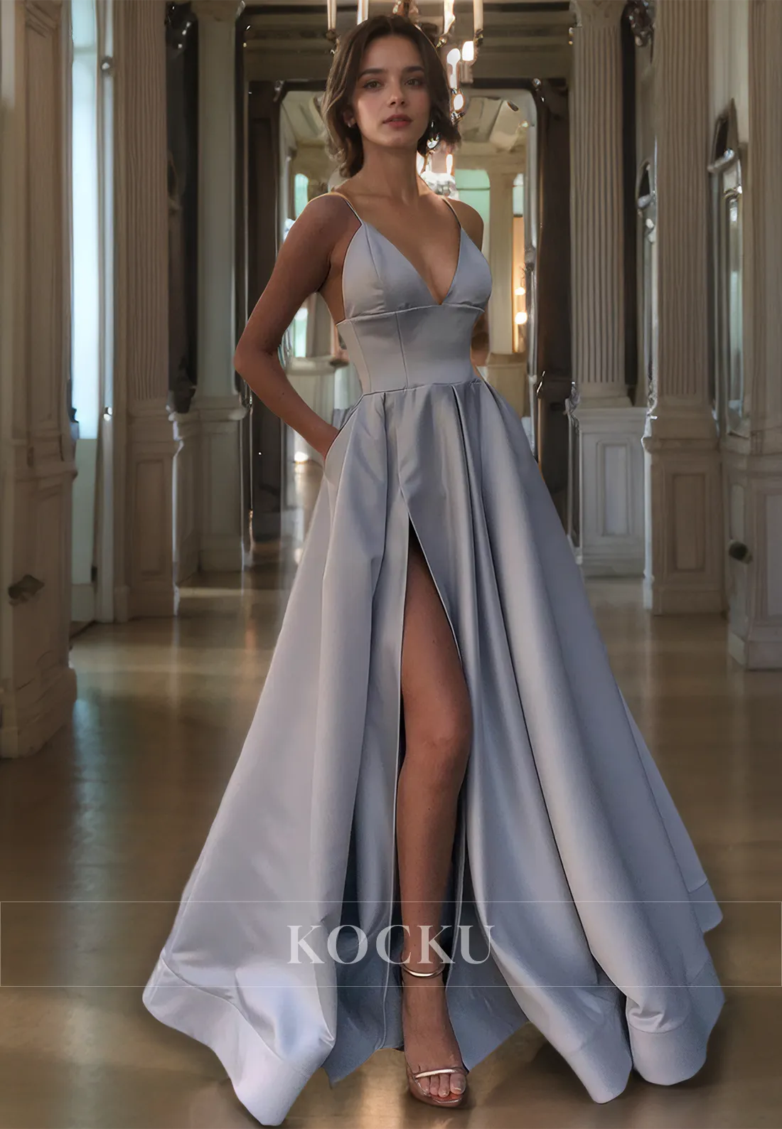 Elegant & Simple Spaghetti Straps V-Neck A-Line Evening Party Prom Dress