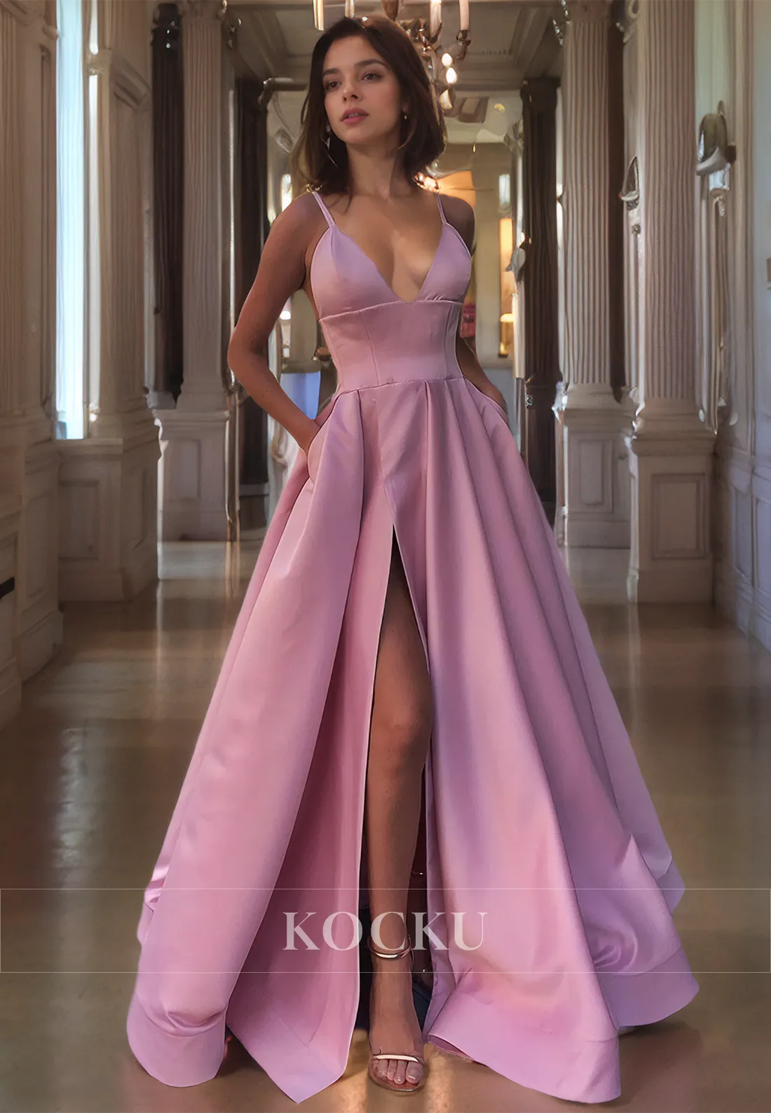 Elegant & Simple Spaghetti Straps V-Neck A-Line Evening Party Prom Dress