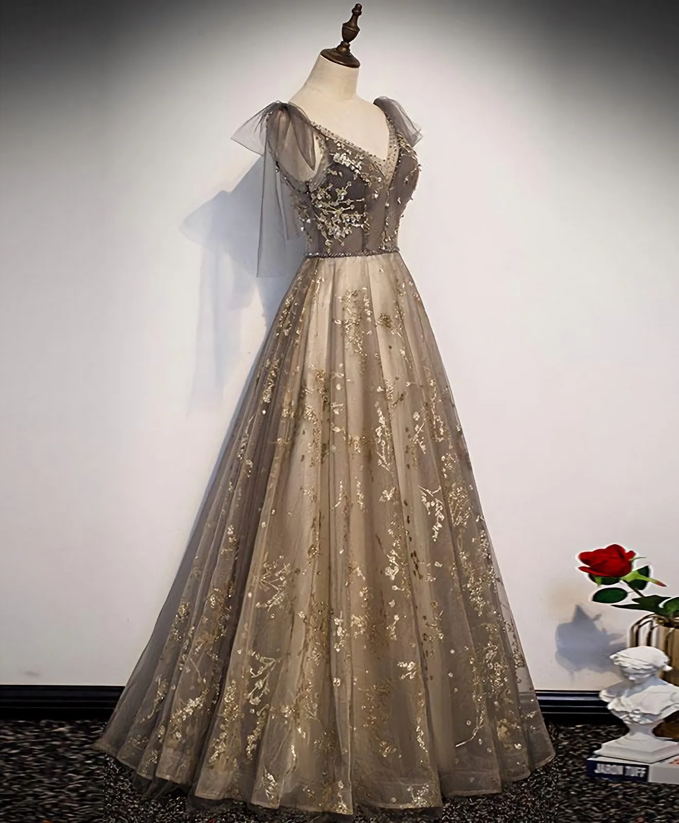 Elegant V Neck Gray Gold Tulle Lace Long Prom Dress, Tulle Formal Dress