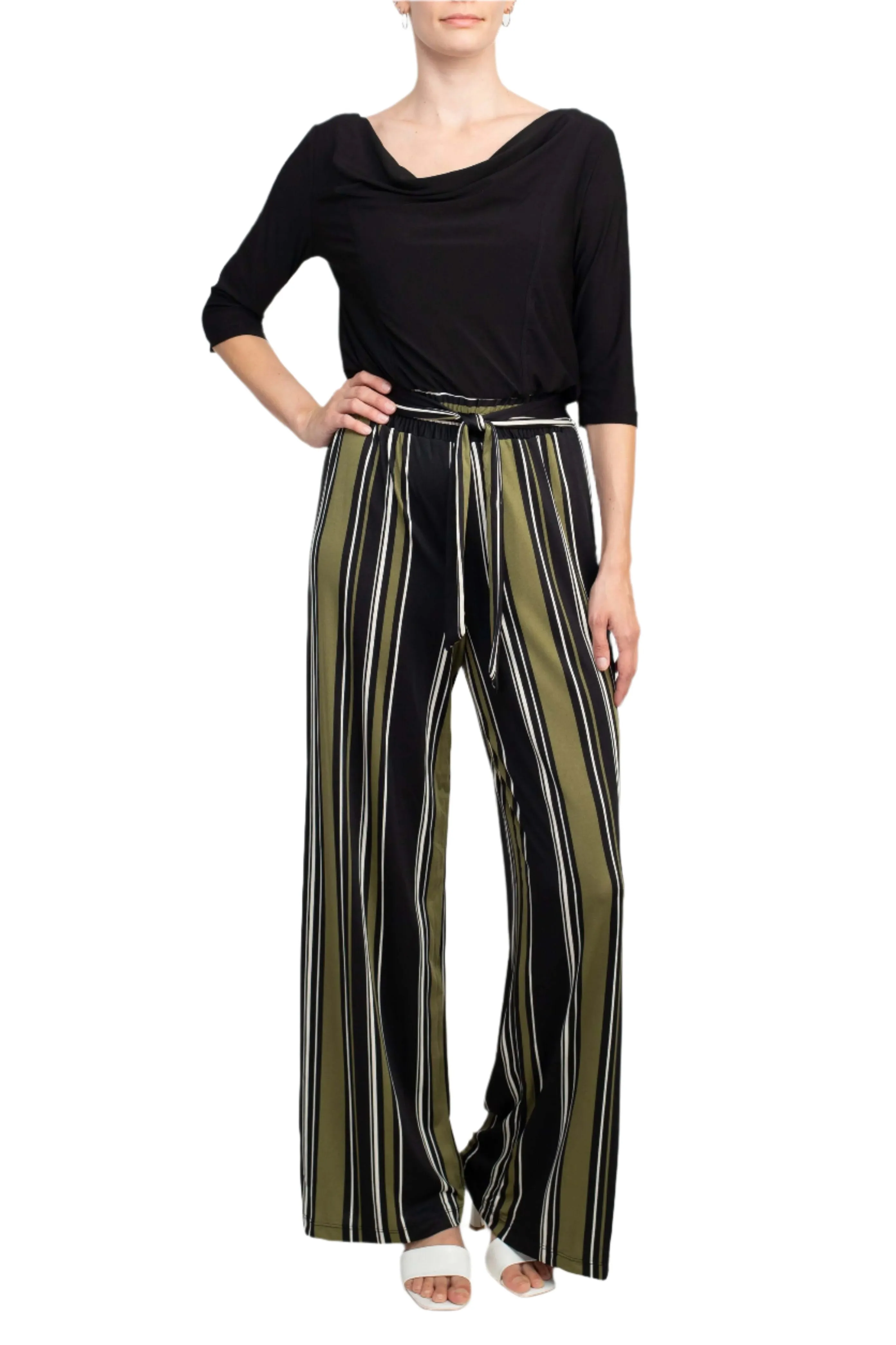 Emma & Michele Cowl Neck 3/4 Sleeve Tie Front Elastic Waist Jersey Jumpsuit