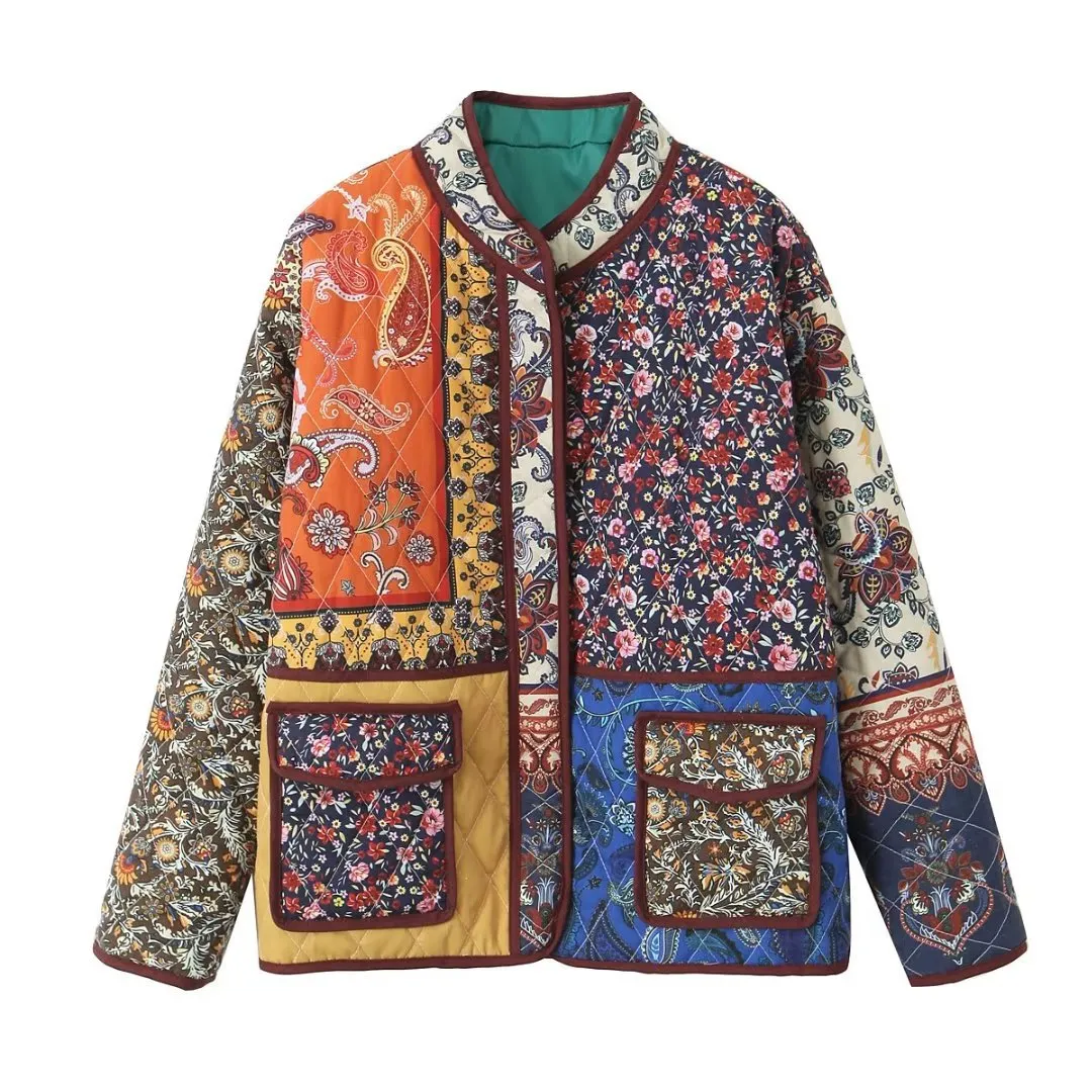 Ethnic Style Pattern Print Multi-Color Quilted Jacket