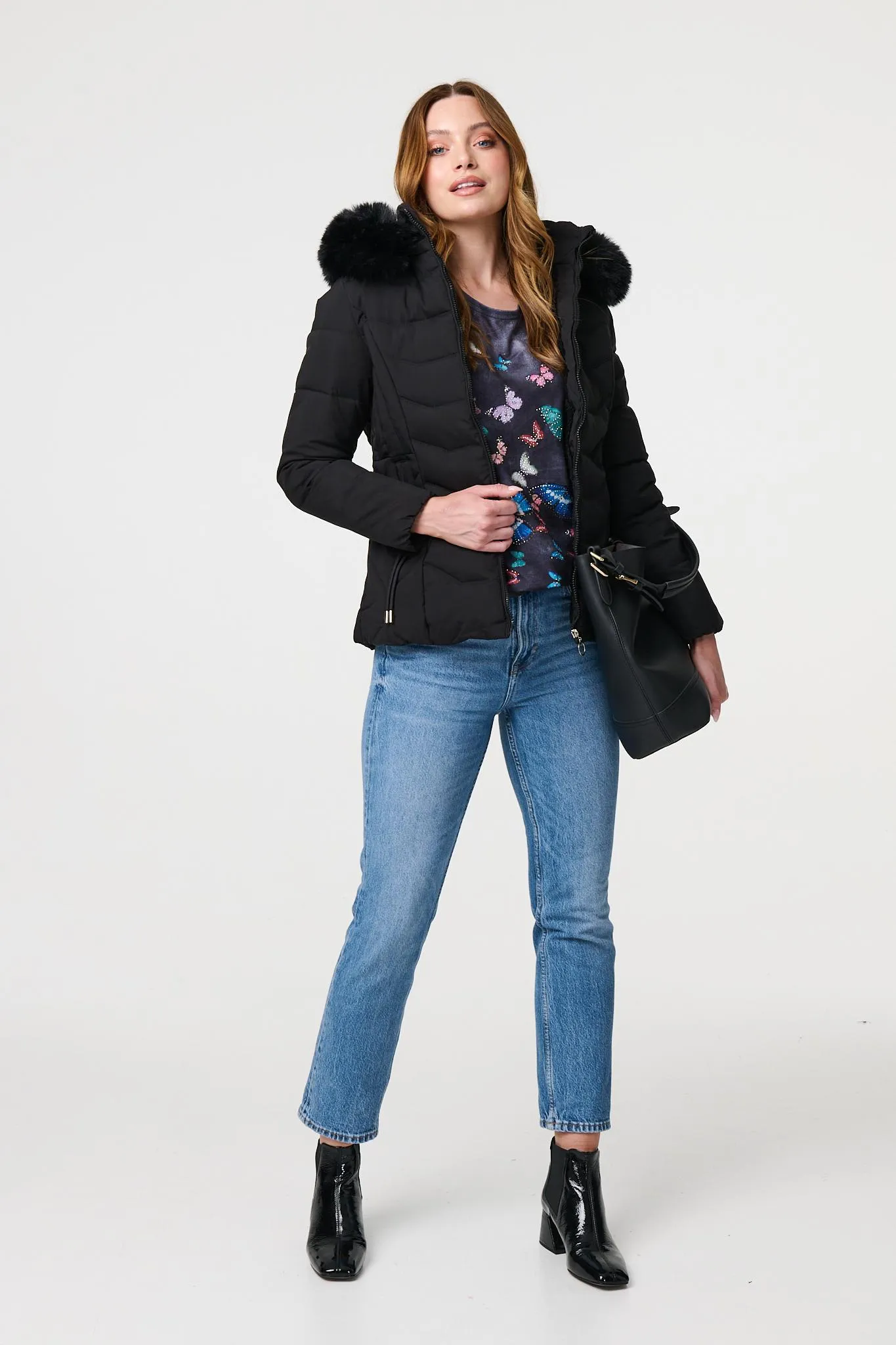 Faux Fur Hooded Zip-Up Puffer Jacket