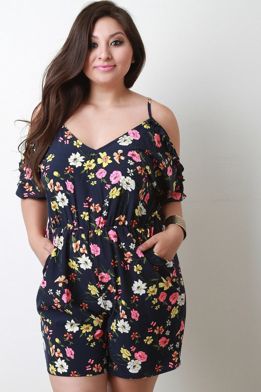 Floral Cold Shoulder Ruffle Sleeve Romper