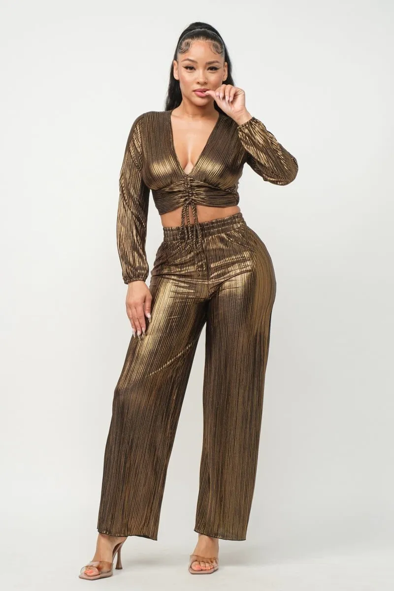 Foil plisse tunnel shirring top and pants