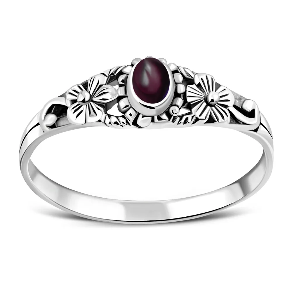 Garnet Stone Flowers Sterling Silver Ring