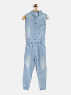 Gilr's Denim Ice Blue Wash Jumpsuit - StyleStone Kid