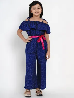 Girls Blue Self Design Basic Jumpsuit