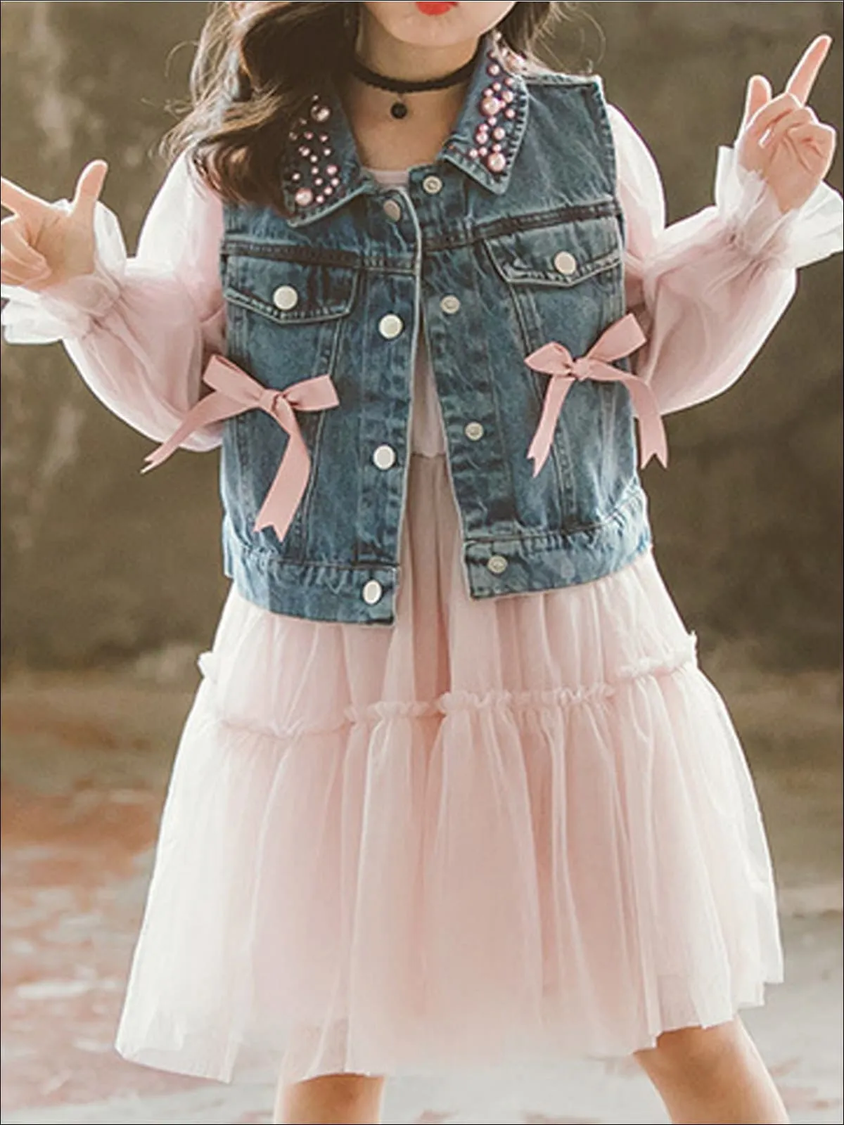 Girls Pink Long Sleeve Tutu Dress with Pearl Embellished And Bow Denim Vest