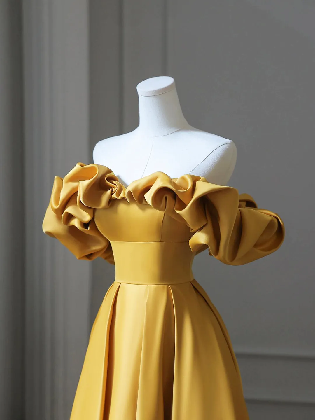 Gold Satin Long Prom Dress Off Shoulder A-Line Formal Evening Dresses