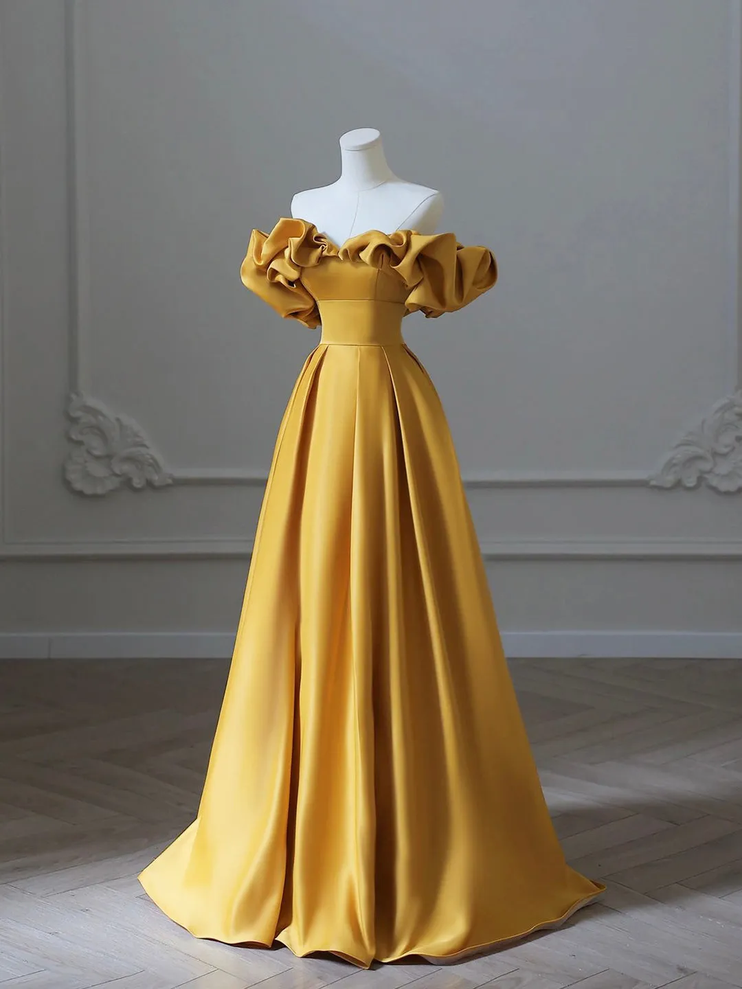 Gold Satin Long Prom Dress Off Shoulder A-Line Formal Evening Dresses