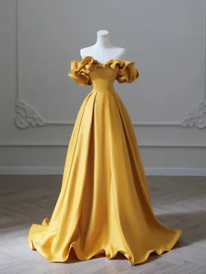 Gold Satin Long Prom Dress Off Shoulder A-Line Formal Evening Dresses