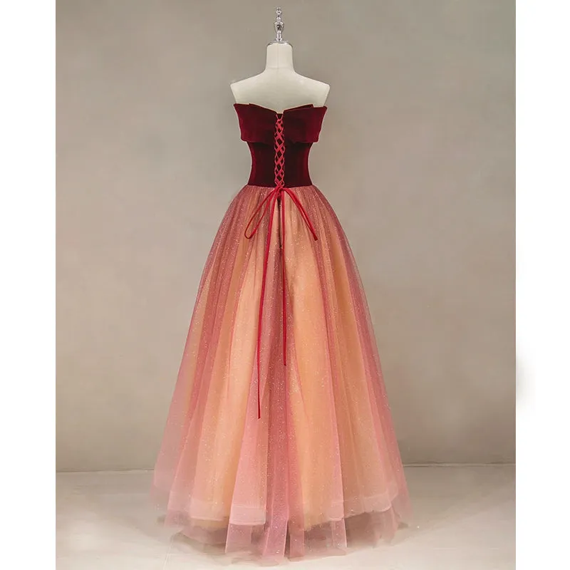 Gradient Red Tulle with Velvet Long Party Dress, Cute Floor Length Formal Dress