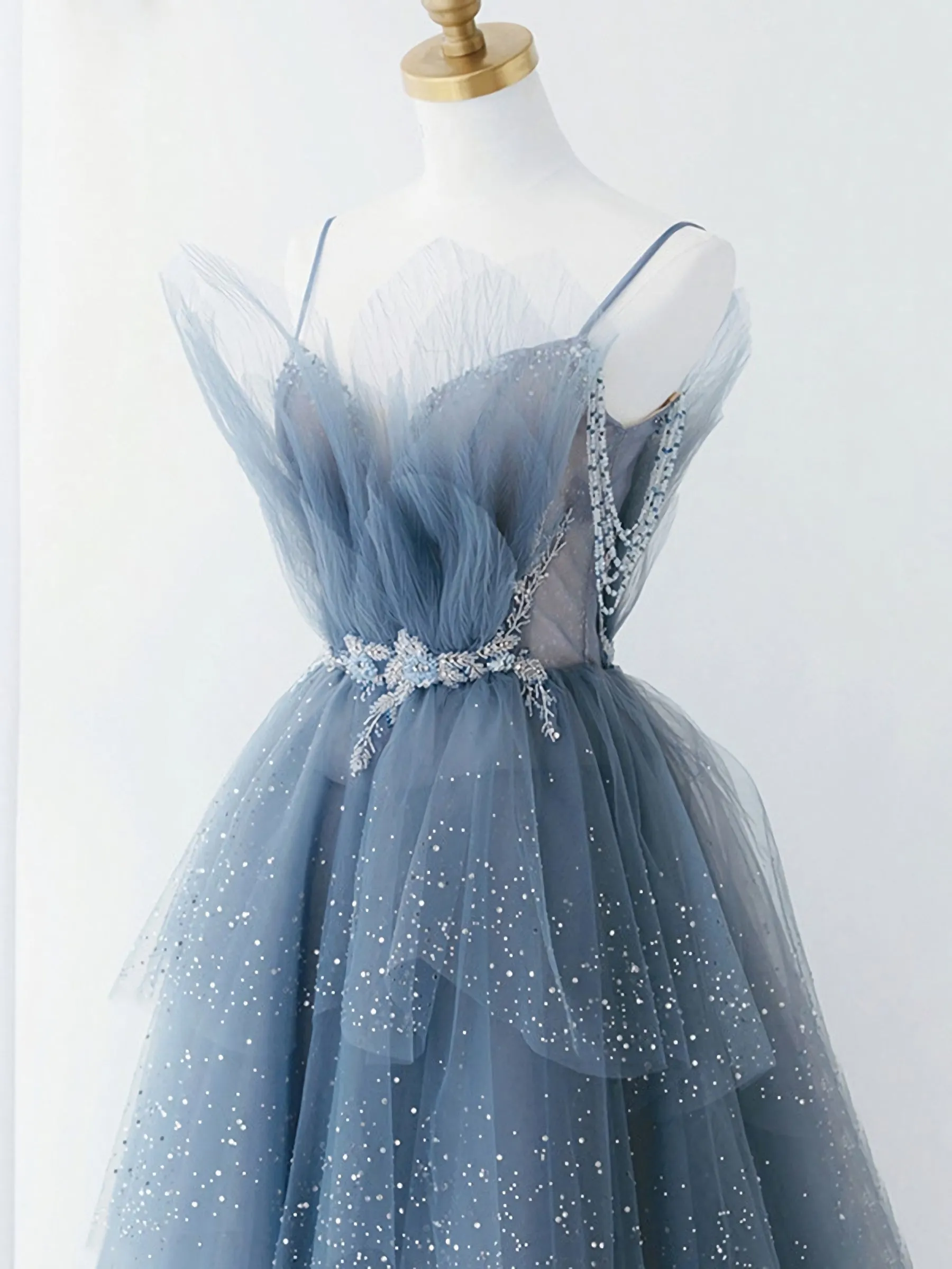 Gray Blue Tulle Beads Long Prom Dress, Blue Tulle Formal Dress