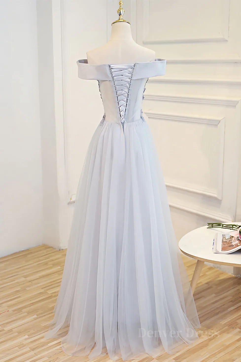 Gray tulle off shoulder lace long prom dress gray tulle formal dress