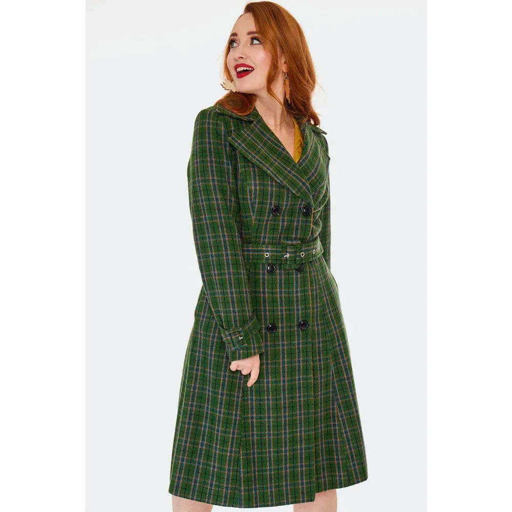 Green Double Breasted Vintage Check Print Winter Coat