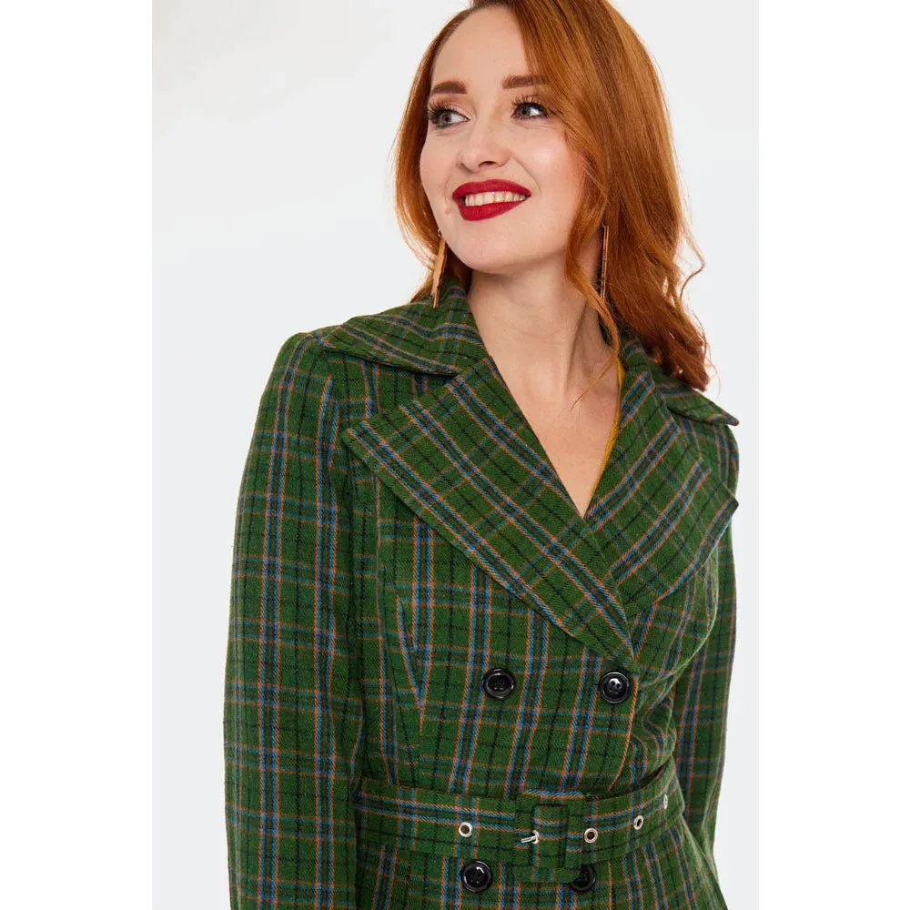 Green Double Breasted Vintage Check Print Winter Coat