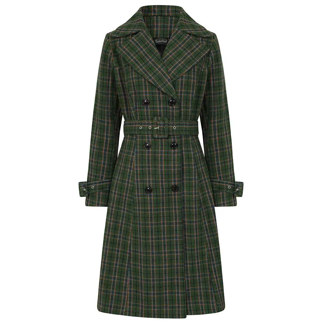 Green Double Breasted Vintage Check Print Winter Coat