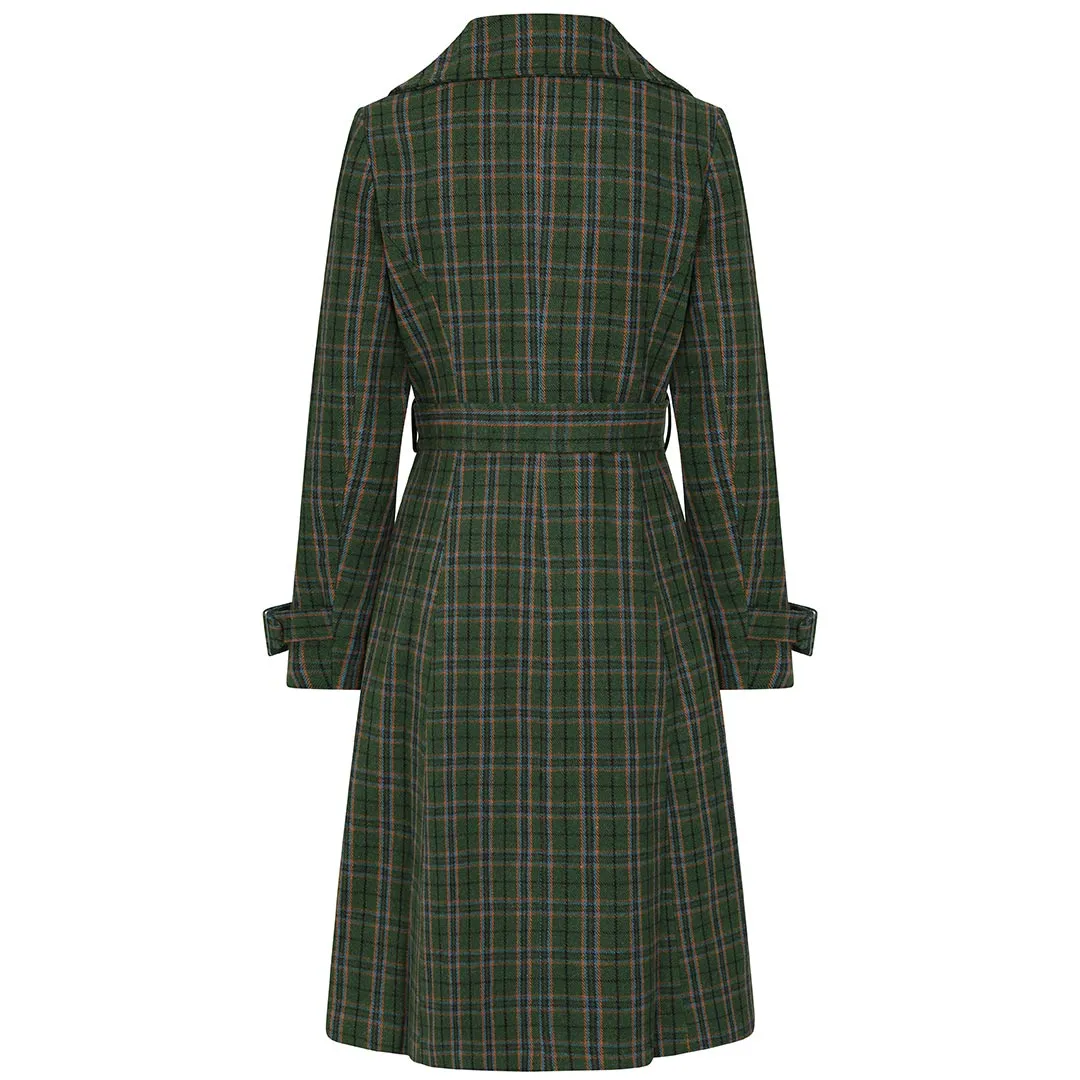 Green Double Breasted Vintage Check Print Winter Coat