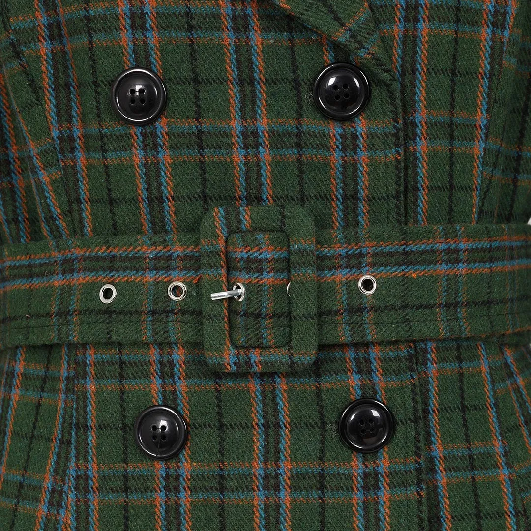 Green Double Breasted Vintage Check Print Winter Coat