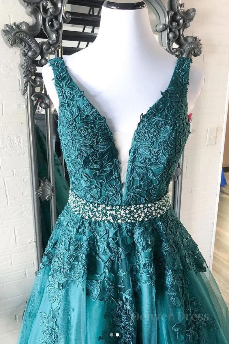 Green v neck tulle lace long prom dress green formal dress