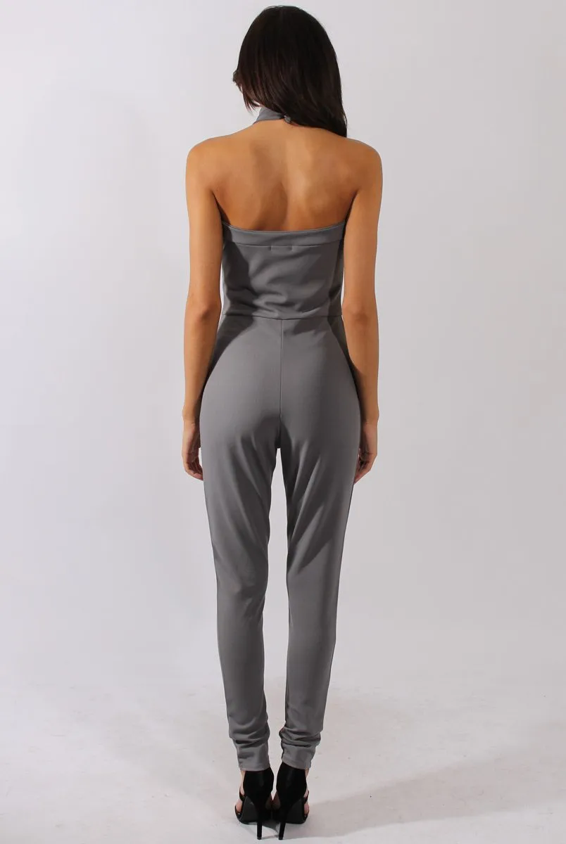 Grey Halterneck Cage Detail Jumpsuit - Mandy