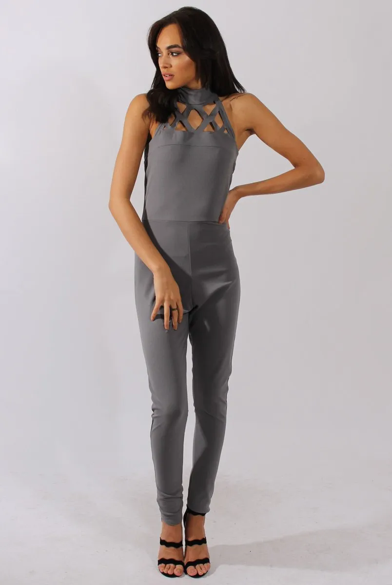 Grey Halterneck Cage Detail Jumpsuit - Mandy