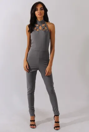 Grey Halterneck Cage Detail Jumpsuit - Mandy