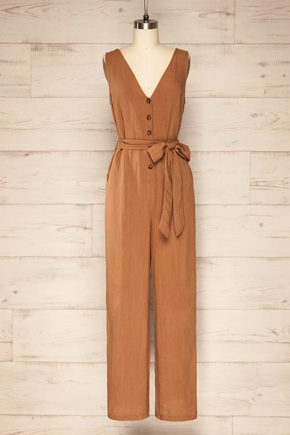 Grogy Camel | V-neck Palazzo Jumpsuit with Belt