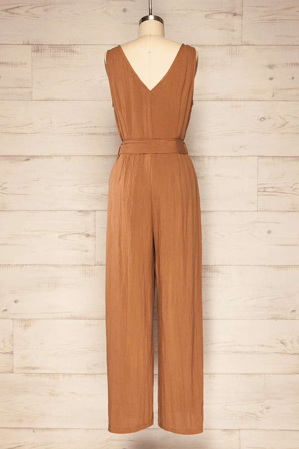 Grogy Camel | V-neck Palazzo Jumpsuit with Belt