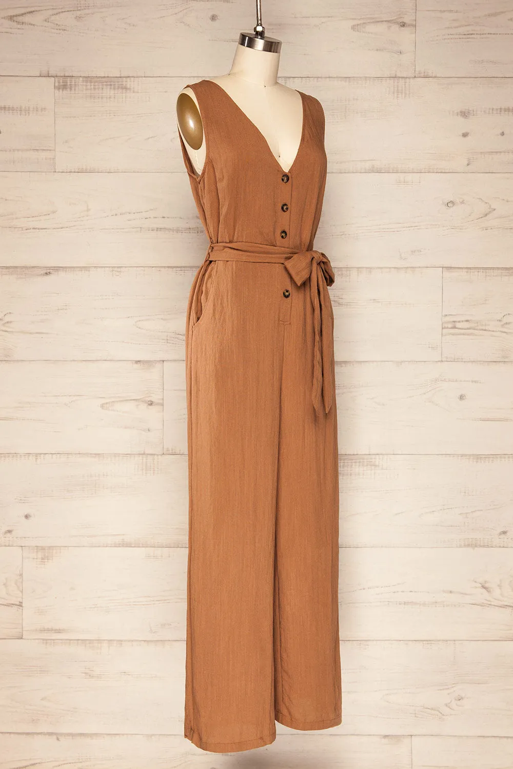 Grogy Camel | V-neck Palazzo Jumpsuit with Belt