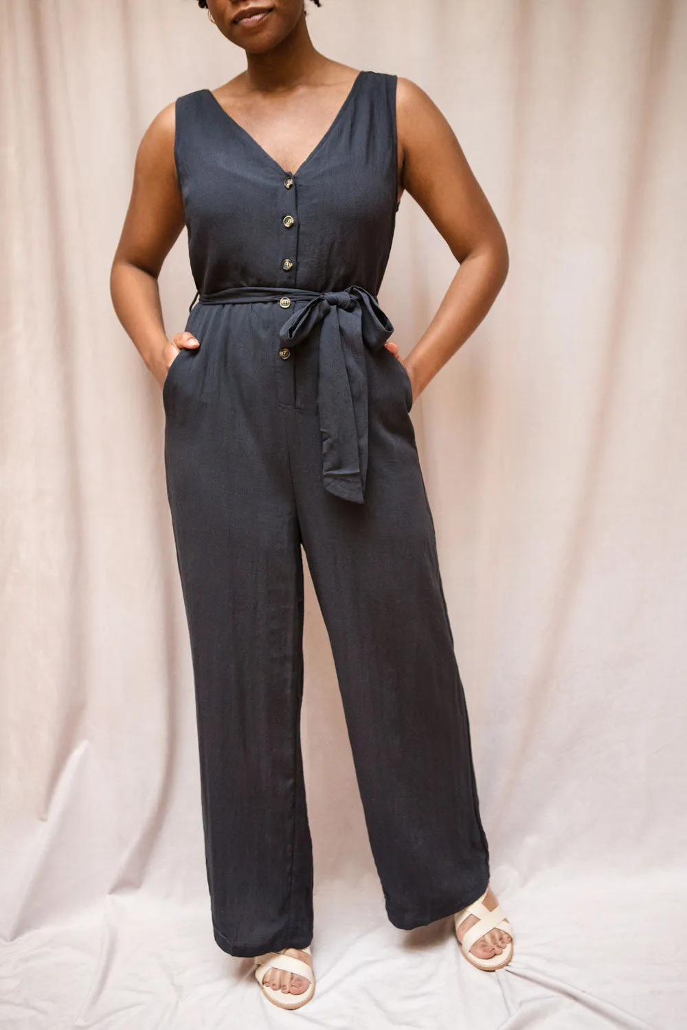 Grogy Camel | V-neck Palazzo Jumpsuit with Belt