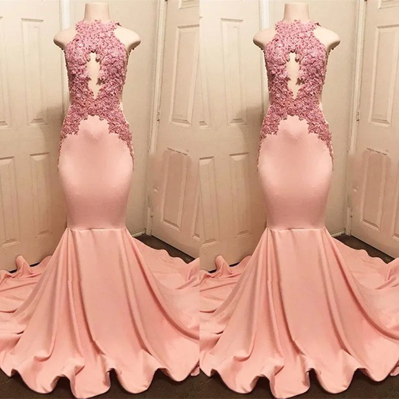 Halter Pink Lace Prom Party Gowns| Mermaid Formal Dresses