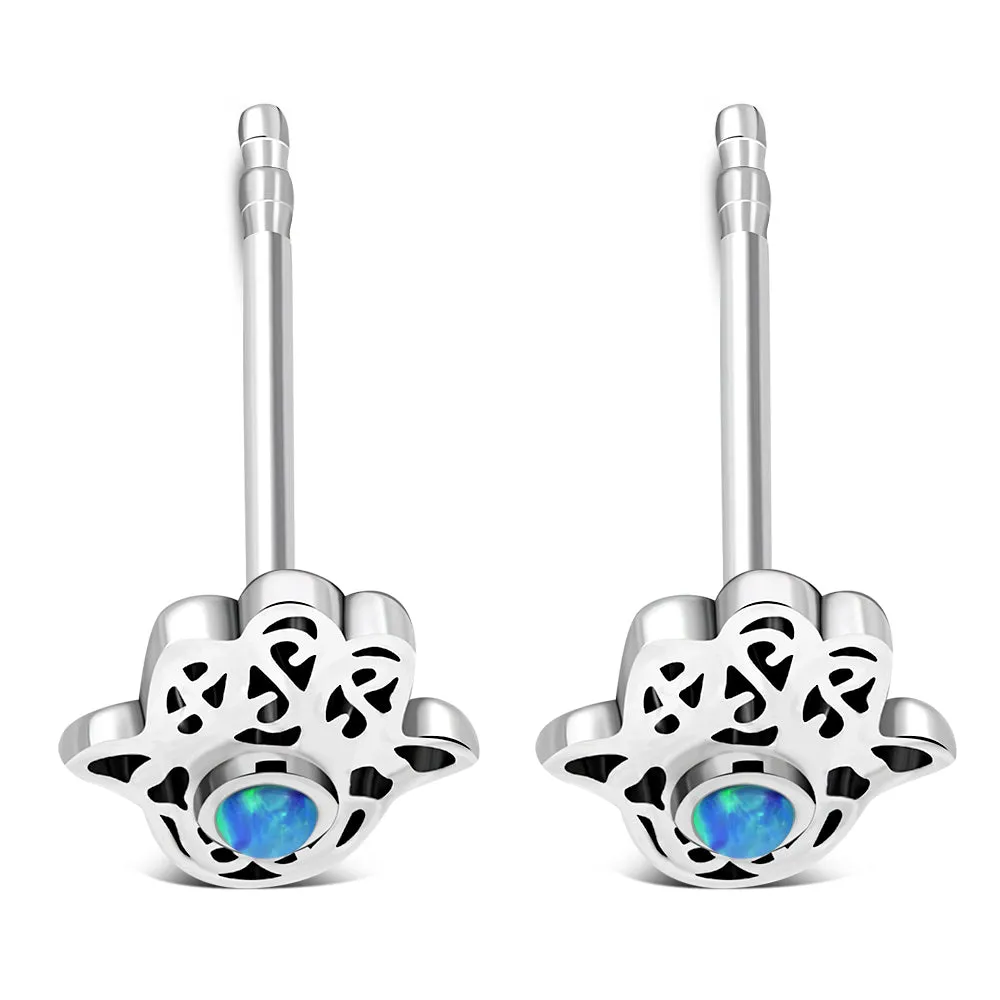 Hamsa Stud Silver Earrings set w/ Synthetic Blue Opal