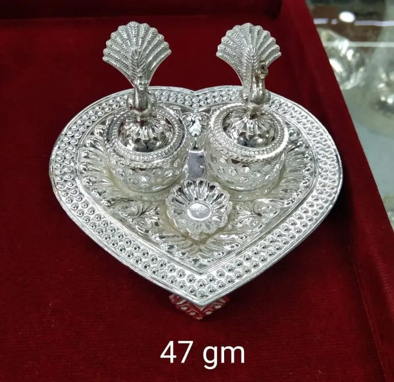 Heart Shaped Design Pure Silver 1 Set of Haldi/Kumkum Holder with Dish having Peacock Design, Silver Kumkum box, brides gift, puja utensils