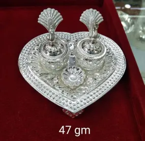 Heart Shaped Design Pure Silver 1 Set of Haldi/Kumkum Holder with Dish having Peacock Design, Silver Kumkum box, brides gift, puja utensils