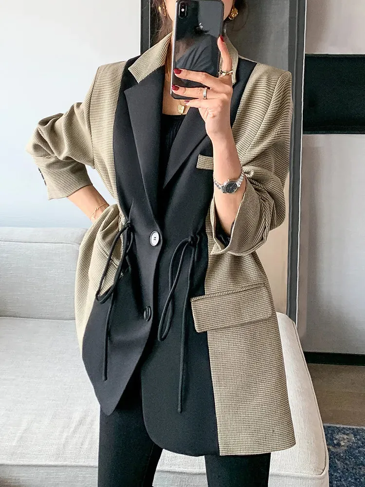 Hit Color Blazers For Women Lapel Long Sleeve Patchwork Pocket Drawstring Casual Blazers Female Spring Clothing