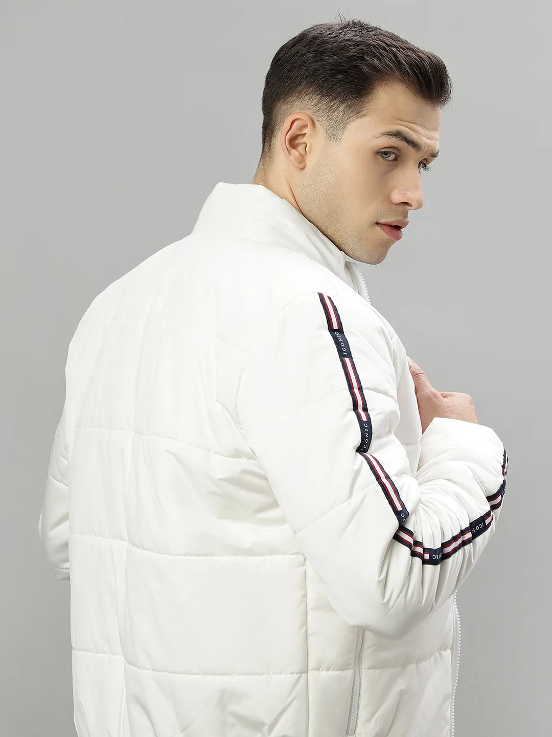 Iconic Men White Solid Stand Collar Long Sleeves Puffer Jacket