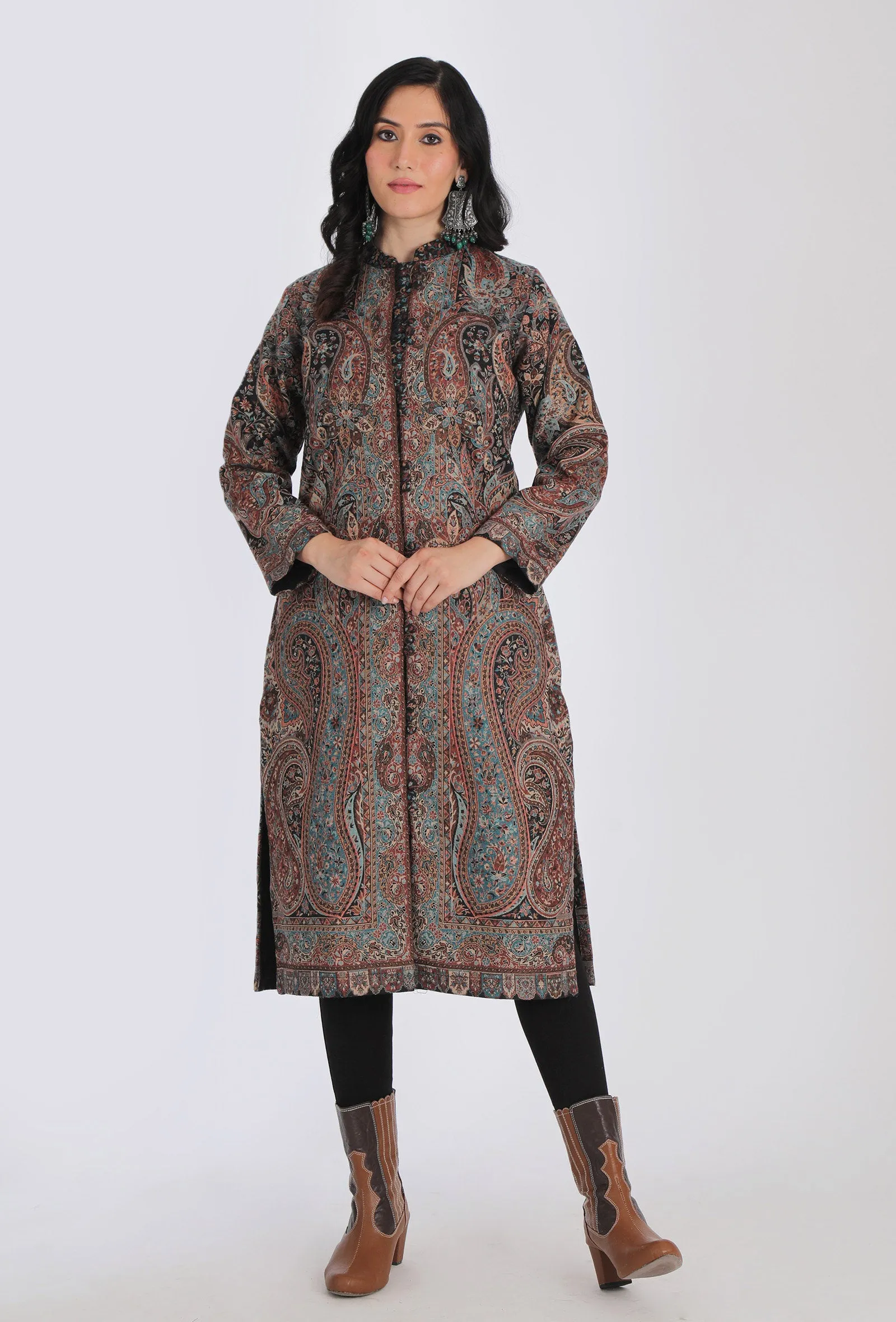 Iksha mud brown Kani Jamavar Long Coat Outer Jacket