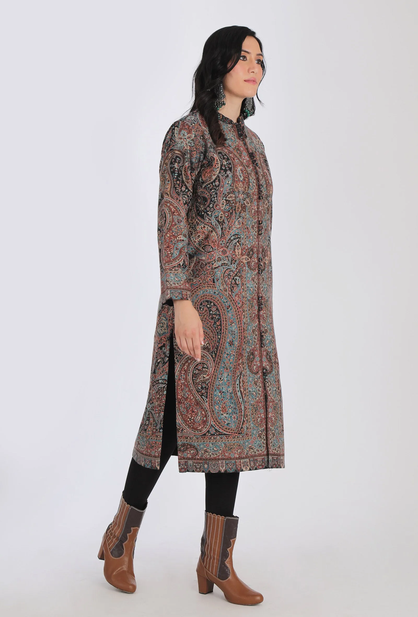 Iksha mud brown Kani Jamavar Long Coat Outer Jacket