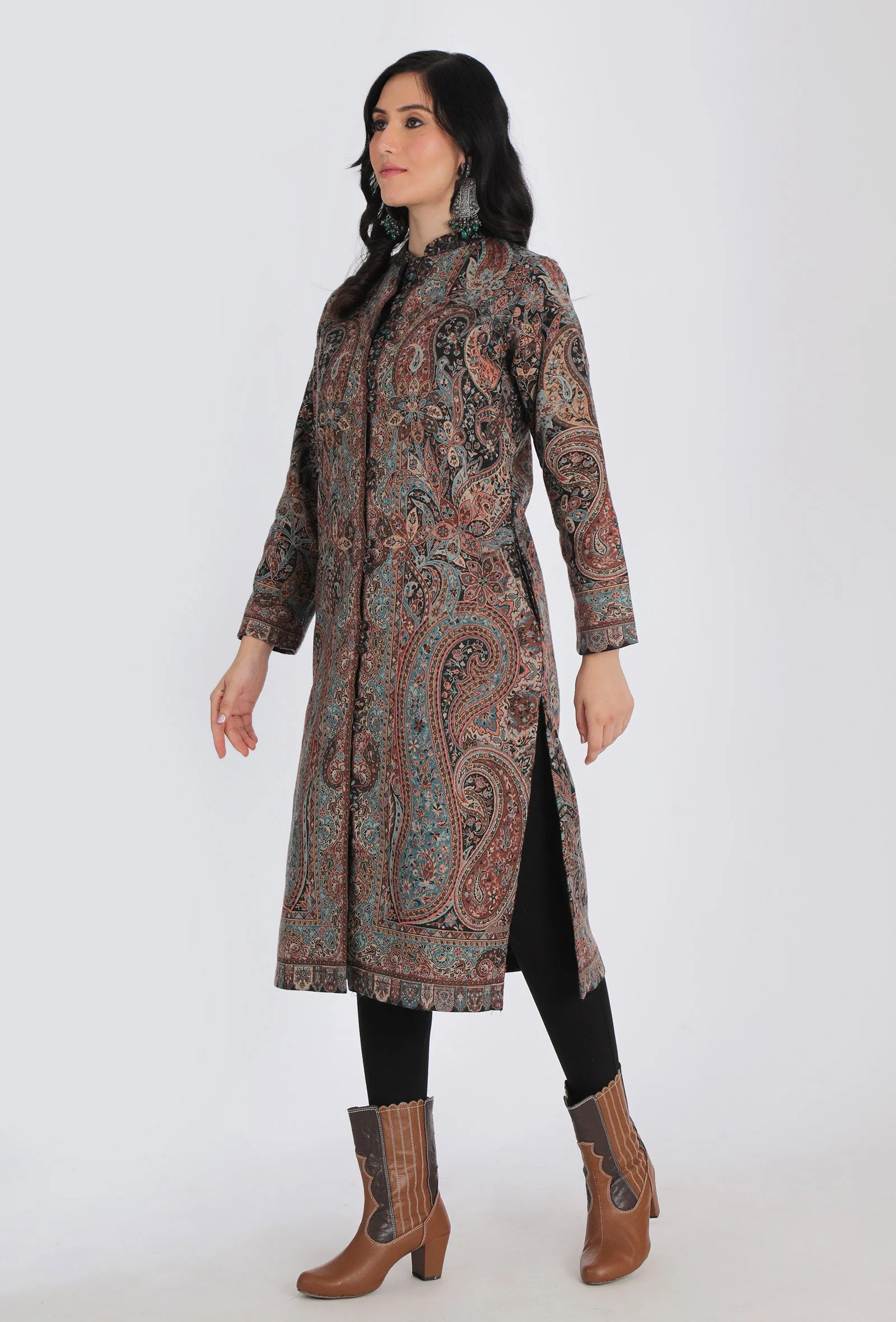 Iksha mud brown Kani Jamavar Long Coat Outer Jacket