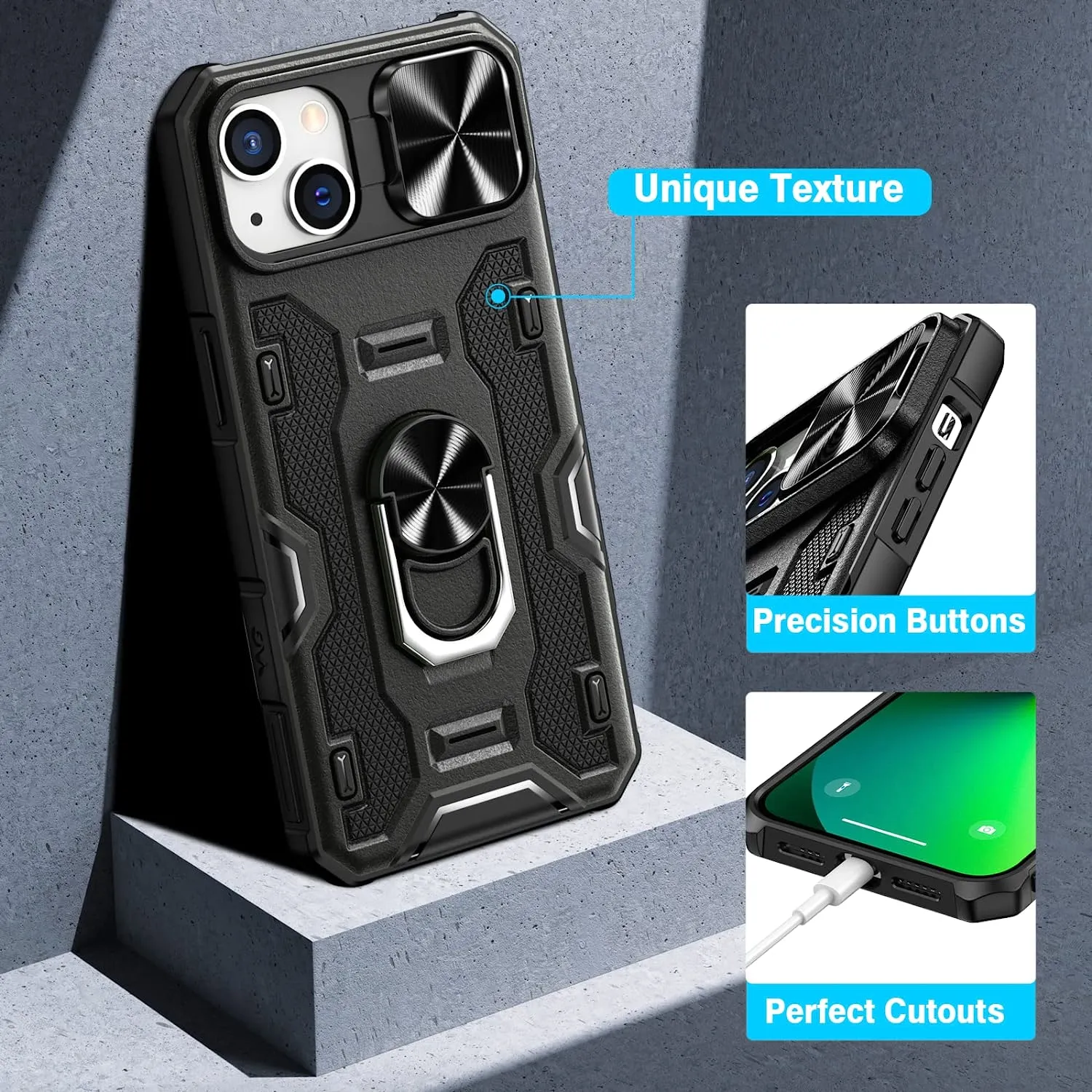 iPhone 14 Plus 5G, Slide Camera Cover & Magnetic Ring Kickstand & Belt Duty Protection Armor Case  - Black