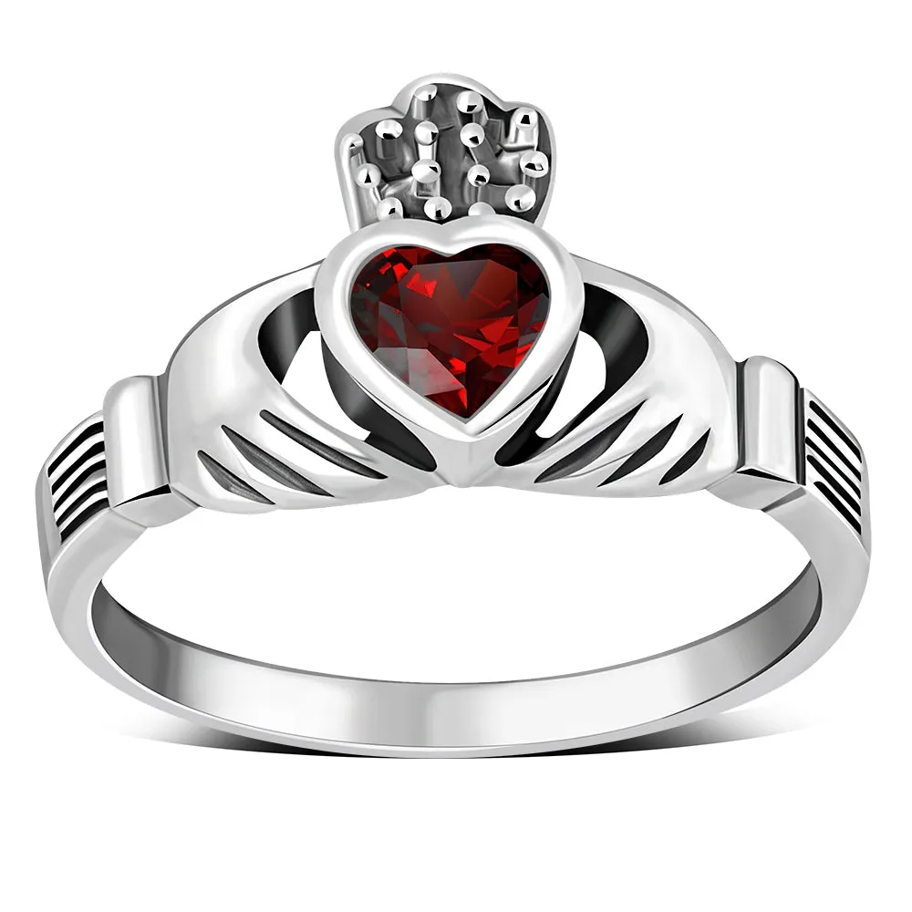 Irish Claddagh Sterling Silver Ring set w/ Garnet CZ