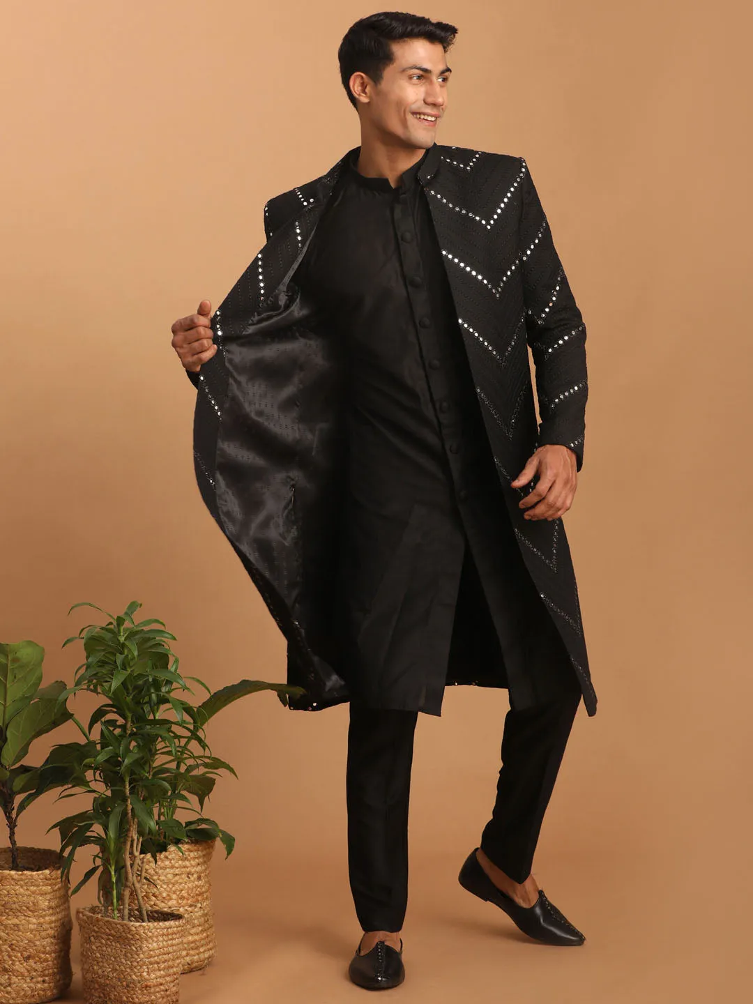 Jashvi Men's Black Solid Kurta Pant Set With Mirror Over Coat Combo Set