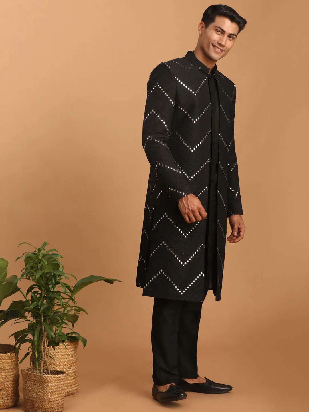 Jashvi Men's Black Solid Kurta Pant Set With Mirror Over Coat Combo Set