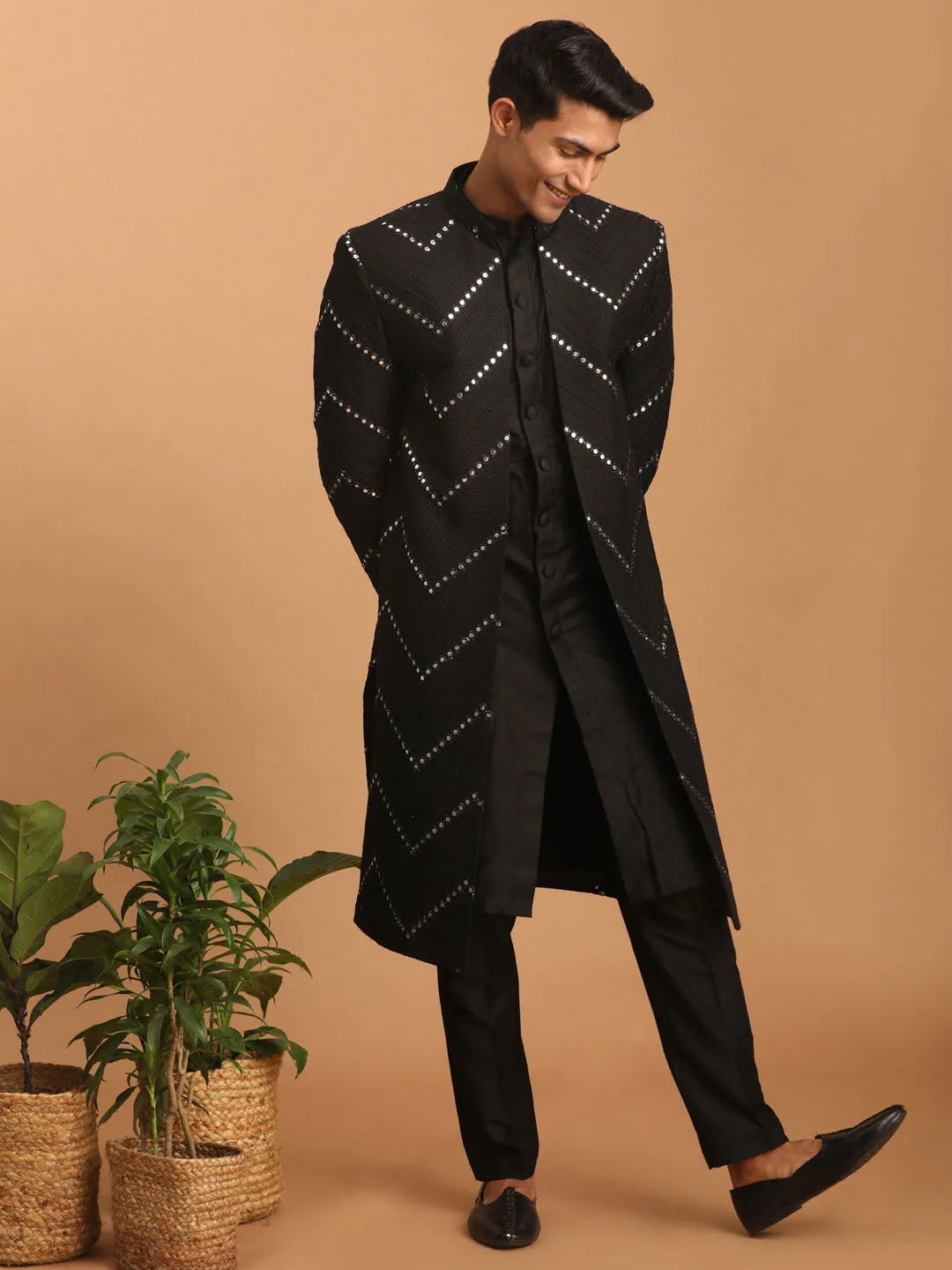 Jashvi Men's Black Solid Kurta Pant Set With Mirror Over Coat Combo Set