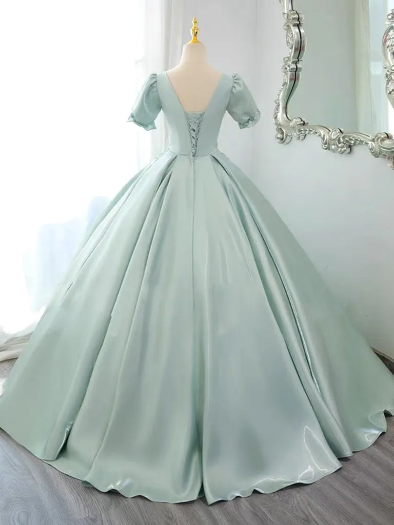 kamahe A-Line Satin Lace Applique Green Long Prom Dress, Green Long Formal Dress