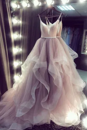 kamahe Champagne v neck tulle long prom dress champagne tulle formal dress